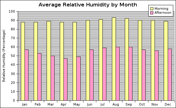 Graph showing the average relative humidity in Orlando throughout the year by month