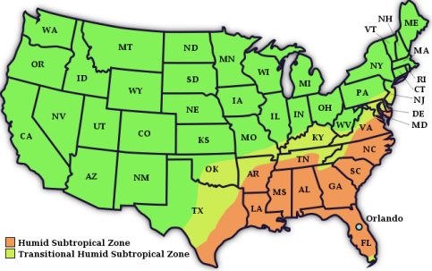 Map of Humid Subtropical Zones in the USA